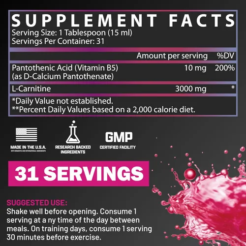 Vista 2 de Nutrex Research L-Carnitina 3000 (31 porciones, Berry Blast) Disparos líquidos, sin estimulantes Apoya la recuperación muscular para hombres