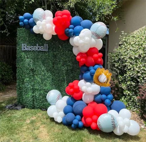 Vista 2 de Kit de guirnalda de arco de globos de béisbol, kit de guirnalda de arco de globos rojos, blancos y azules para fiestas deportivas, cumpleaños