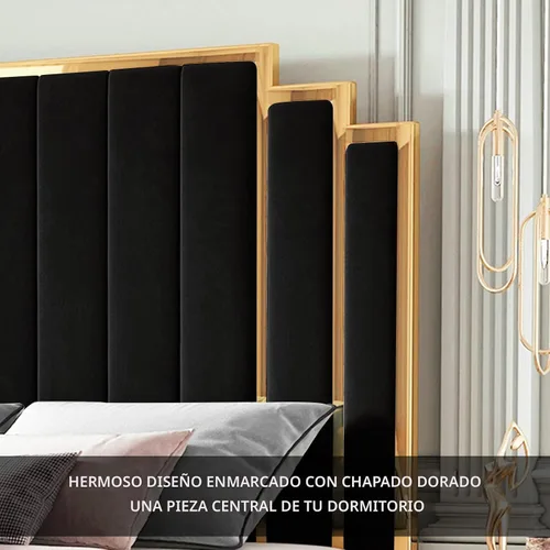 Vista 3 de HOWE Base de cama tapizada tamaño Queen de 61 pulgadas con borde chapado en Negro