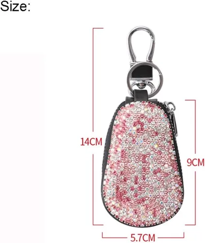 Vista 3 de Funda para llave de coche, multifuncional, con cierre y mosquetón, piel con brillantes, color rosa