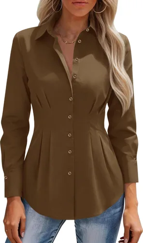 Vista 17 de siliteelon Camisas con botones para mujer, cintura ceñida, camisa de vestir de algodón de manga larga para negocios, casual, trabajo, oficina