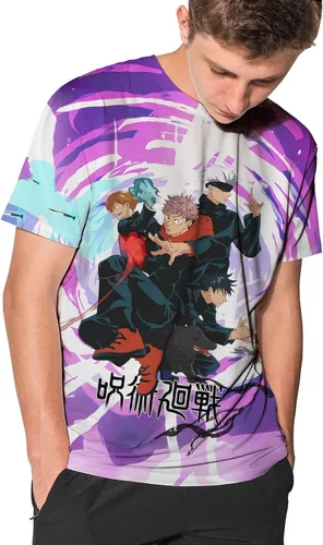 Vista 2 de Anime Mens Tshirt Kaisen Men and Women Japanese Cartoon 3D Printing Black Unisex Gojo Yuji Adult Teenagers Tee