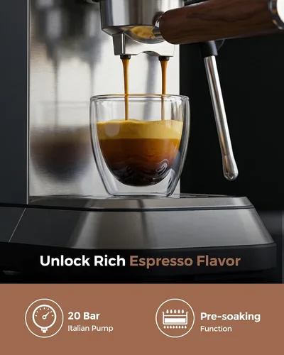 Vista 5 de Máquina de café expreso de 20 bares, cafetera compacta con espumador de leche, cafetera espresso con tanque de agua extraíble de 50 onzas