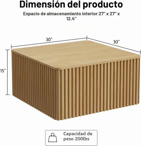 Vista 2 de HOKYHOKY Mesa de centro cuadrada acanalada con almacenamiento, mesa central grande de madera