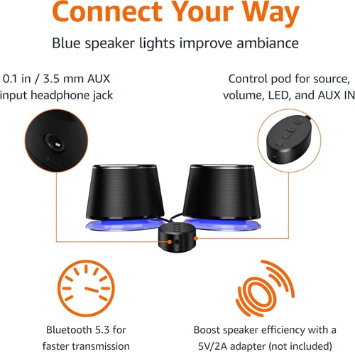 Vista 2 de Amazon Basics Altavoces Bluetooth para computadora con USB 3.0, iluminación LED azul, control de volumen, alimentación por USB, juego de 2