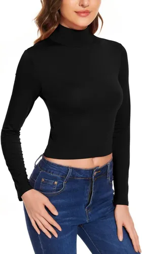 Vista 5 de Camisetas cortas ajustadas de cuello alto falso para mujer, básicas, de manga larga, con capas