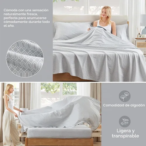Vista 4 de Comfort Spaces Juego de sábanas de 100% algodón transpirable, ligero, suave, con bolsillo elástico de 14 pulgadas que se adapta a colchones de hasta