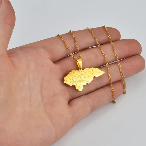 Vista 2 de YUANYIRAN Mapa de Honduras Colgante Collares Collar patriótico étnico con bandera de África Mapa, joyería clásica de Hip Hop de color dorado