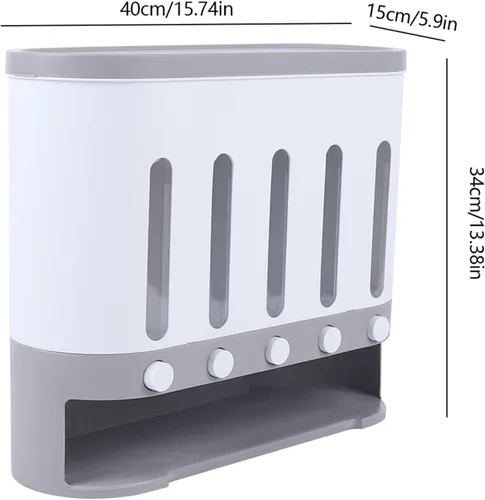 Vista 2 de TFCFL Dispensador de alimentos secos montado en la pared de 5 rejillas de 10L, dispensadores de cereales, contenedor de almacenamiento de alimentos
