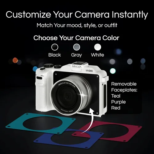 Vista 5 de Minolta Cámara digital: fotos de 56MP, video 4K 60FPS, diseño selfie de doble lente, zoom 18X, Wi-Fi, captura RAW/JPEG, LCD de 3 pulgadas, cámara