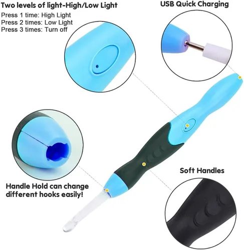 Vista 4 de Vidillo Juego de luces de ganchillo con funda, ganchos ergonómicos recargables iluminados, 9 ganchos intercambiables con una funda de ganchillo