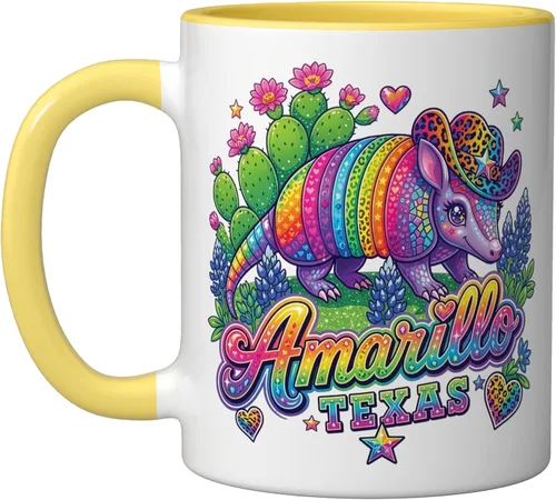 Vista 8 de Amarillo Texas Rainbow Armadillo Cowboy 80s Retro Souvenir Ceramic Mug, Black/White
