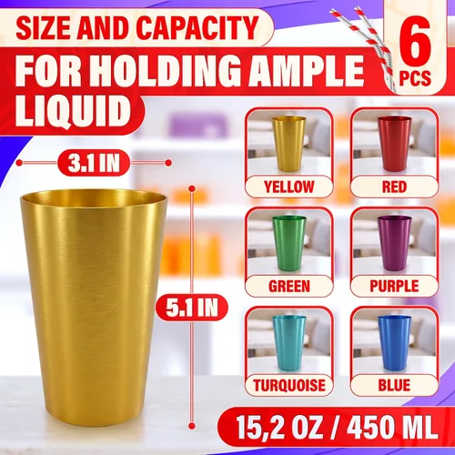 Vista 3 de Vasos de aluminio de 15 onzas, juego de 6, tazas de metal retro para beber Brillante Multicolor