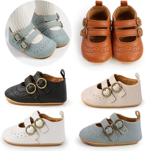 Vista 5 de Mary Jane - Zapatos planos de vestir para bebé, zapatos para recién nacidos, antideslizantes, de piel sintética, para fiesta, escuela, boda