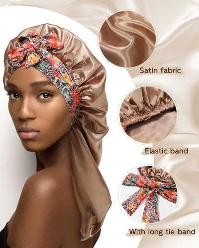 Vista 3 de Gorro largo de satén para trenzas, capó de seda para dormir, banda elástica para mujeres negras, cabello rizado