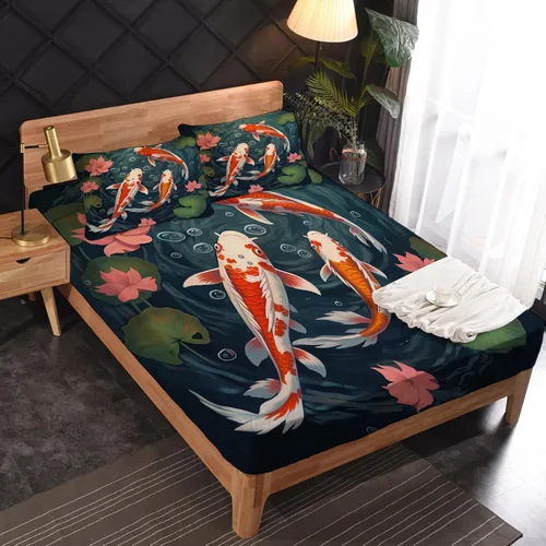 Vista 2 de Juego de sábanas de tamaño individual – Sábanas de cama de pez Koi japonés, sábanas y fundas de almohada, sábanas y fundas de almohada, microfibra