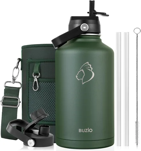 Vista 74 de BUZIO Botella de agua aislada de 24 oz, frasco de agua de boca ancha de acero inoxidable con tapa de pajita, frío durante 48 horas a prueba de Negro