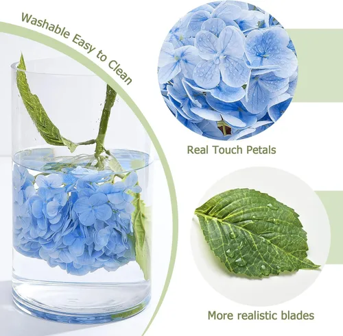 Vista 3 de Flores artificiales de hortensias de tacto real, 2 flores azules y 2 blancas de tacto real, flores de hortensias sintéticas de 21 pulgadas, flores