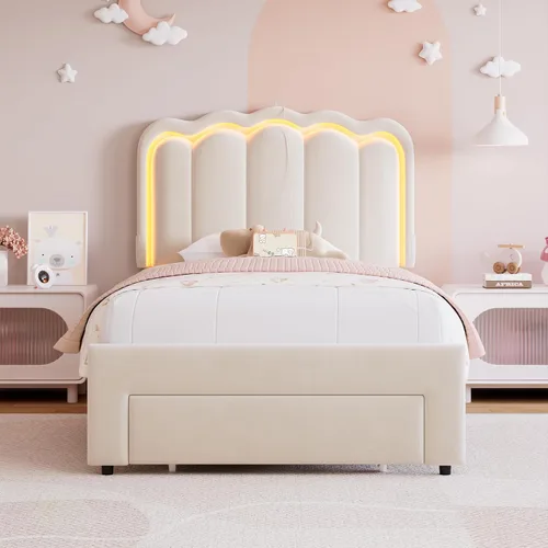 Vista 8 de Marco de cama LED tapizado individual con cajón de almacenamiento y cabecera doble ondulada ajustable, cama de plataforma de terciopelo