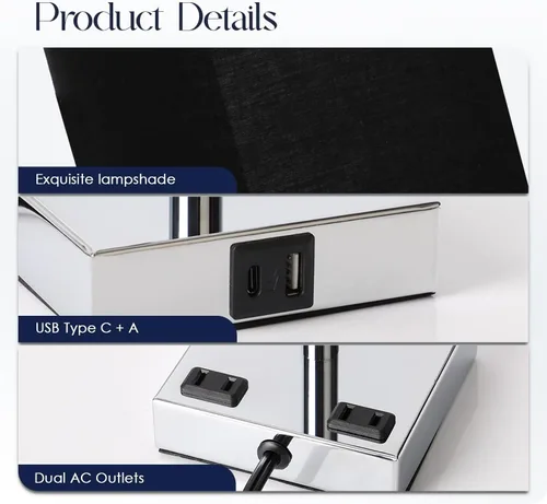 Vista 5 de Lámpara de noche con puertos USB - Lámpara de mesa de control táctil para dormitorio con puertos de carga USB C + A y salidas de AC, lámpara