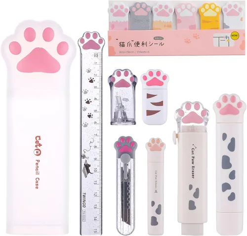 Vista 11 de Juego de 8 piezas de artículos de papelería lindos de patitas de gato, suministros escolares kawaii que incluyen sacapuntas, borrador retráctil