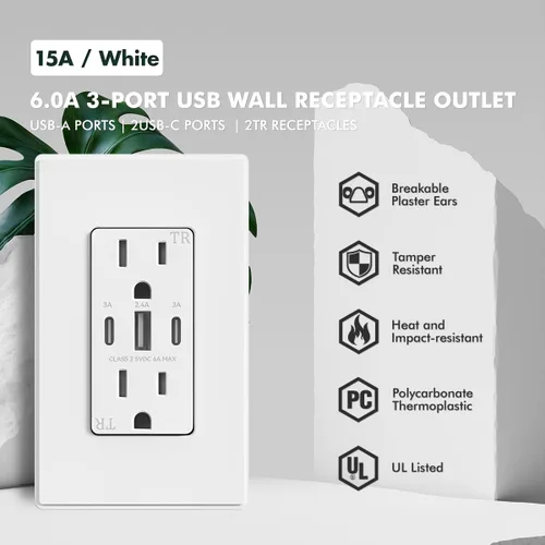 Vista 2 de Micmi Toma de pared USB C, 30 W, 6.0 amperios, 3 puertos USB C, 15 A, receptáculo resistente a manipulaciones con puertos dobles tipo C y A