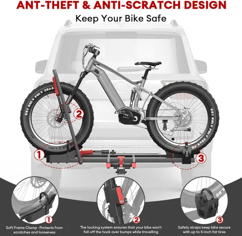 Vista 4 de Portabicicletas para 2 Bicicletas Eléctricas con Rampa para Enganche, Capacidad de 170 libras, Portador Plegable de Bicicletas Eléctricas para 2