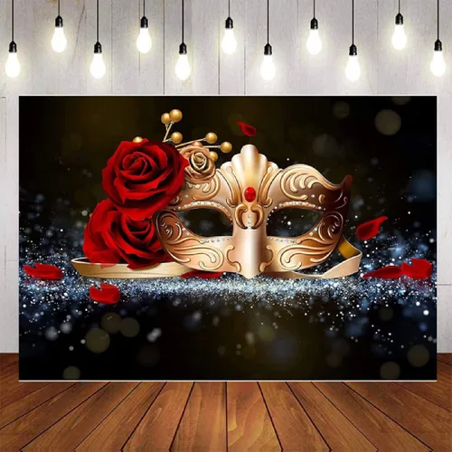 Vista 2 de Telón de fondo para fotografía, fiesta de carnaval, máscara roja de oro rosa con fondo de diamante, fondo de máscaras, estudio de cumpleaños, foto