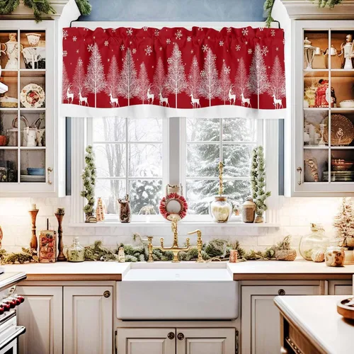 Vista 2 de Cenefas de Navidad para ventanas de cocina, cenefa de árbol de Navidad para sala de estar, cenefa de ventana de renos de invierno con bolsillo