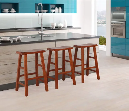 Vista 6 de eHemco Taburetes de madera maciza, 29 pulgadas, roble oscuro, juego de 3 Heavy Duty, encimera de cocina
