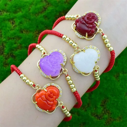 Vista 3 de COLORFUL BLING Lucky Laughing Buddha Charm Pulsera Jade Natural Piedra Natural Trenza Roja Cuerda Hilo Cuerda Cristal CZ Circonita para Mujeres