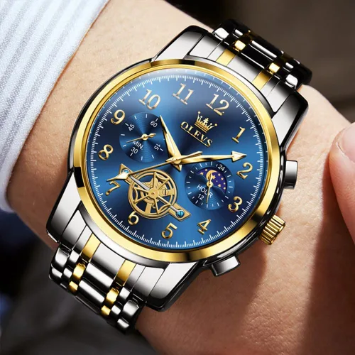 Vista 3 de OUPINKE Reloj para hombre analógico de cuarzo de acero inoxidable, impermeable, luminoso, fase lunar, cronógrafo, vestido de negocios de lujo