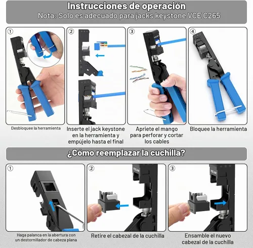 Vista 7 de VCELINK Herramienta de Terminación de Velocidad Keystone Solo para Clavijas Keystone de 90 Grados VCE, Herramienta de Perforación Rj45 de Cable
