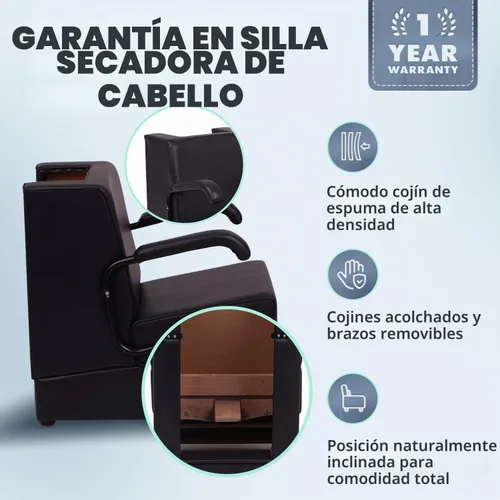 Vista 5 de Buy-Rite Kate - Silla profesional de secador de pelo, silla de salón comercial con marco de madera, cojines gruesos, brazos extraíbles y espalda