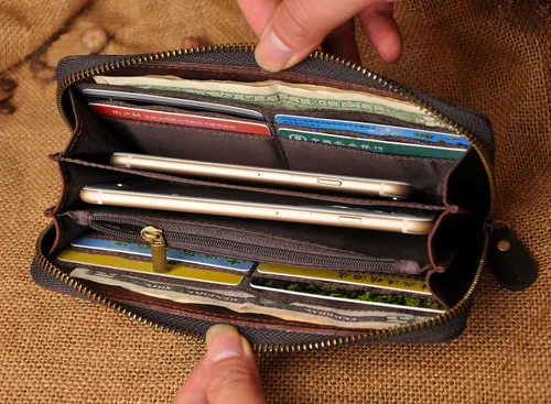 Vista 7 de Le'aokuu Unisex calidad cuero genuino cadena embrague mano bolso organizador monedero chequera cremallera cartera 1016, Cocodrilo marrón