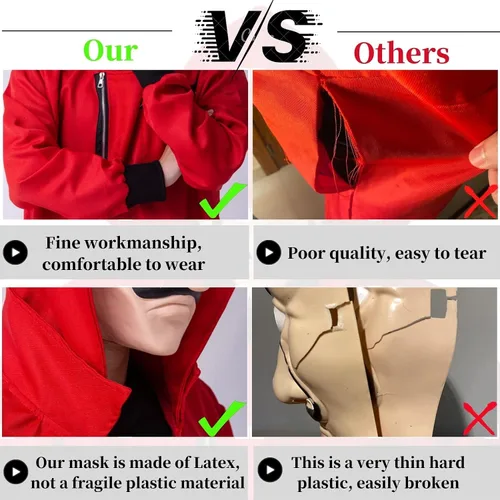 Vista 5 de Mono rojo con capucha overol rojo unisex con máscara disfraz de cosplay de la serie de TV versión original disfraz de Halloween