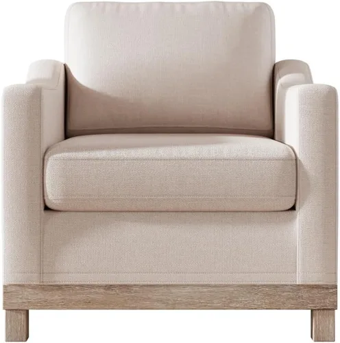 Vista 5 de Sillón moderno de lino/silla de acento/sofá individual con base de madera de goma para sala de estar, dormitorio, apartamento, oficina, color beige