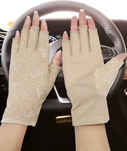Vista 4 de Maxdot - 2 pares de guantes sin dedos con protección UV para mujer, color negro, caqui