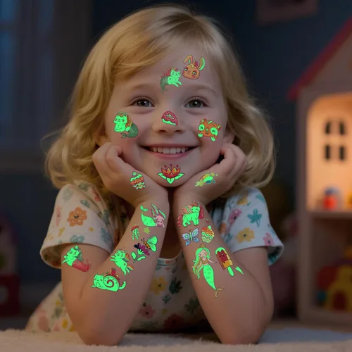 Vista 2 de Awinmay 310 piezas de tatuajes temporales luminosos para niños, estilos mixtos de tatuajes que brillan en la oscuridad para niños y niñas, pegatinas