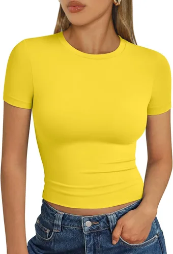 Vista 19 de Trendy Queen - Camisetas básicas para mujer, camisetas de verano 2025, de manga corta, ajustadas, para gimnasio, entrenamiento, ropa estilo Y2K