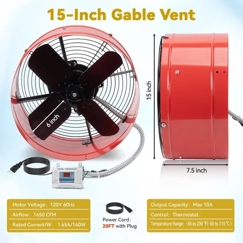 Vista 6 de Ventilador de ático a dos aguas de 15 pulgadas con termostato, ventilador de ventilación de ático enchufable de 1650 CFM con condensador de arranque