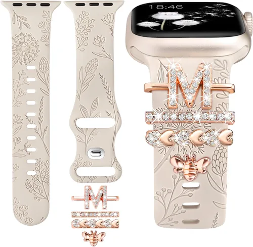 Vista 14 de Minyee Compatible con Apple Watch Banda con Encantos para Mujeres 41mm 40mm 38mm 42mm 44mm 45mm 49mm Anillos Decorativos en Forma de Flor