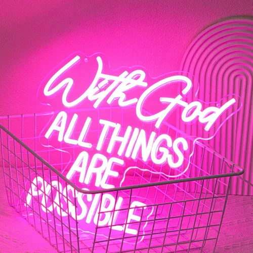Vista 2 de Letrero de neón con texto en inglés "With God All Things Are Possible" para decoración de pared, letrero de neón LED rosa, luz de neón regulable