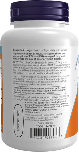 Vista 3 de NOW Suplementos, aceite de hígado de bacalao, extra fuerte, 1,000 mg con vitaminas A y D-3, EPA, DHA, 90 cápsulas blandas