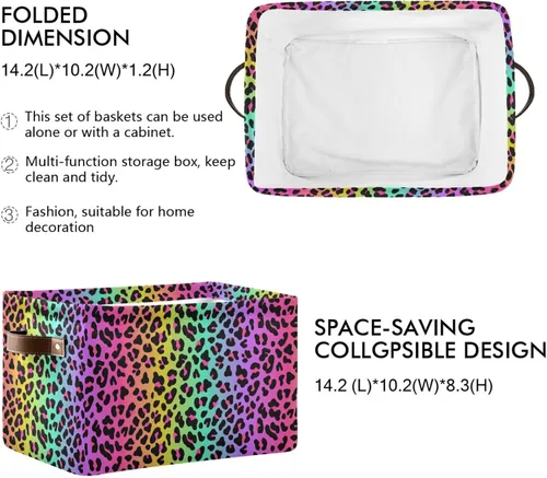 Vista 2 de Bolaz Cesta de almacenamiento grande con diseño de leopardo y arcoíris, plegable, con asas, para dormitorio, hogar, oficina