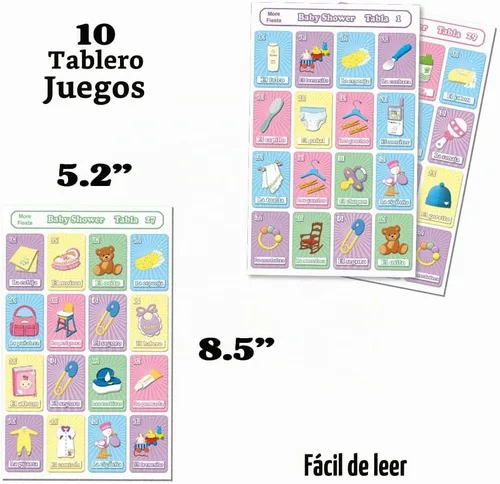 Vista 2 de More Fiesta Juego de bingo para baby shower en español, para 10 jugadores