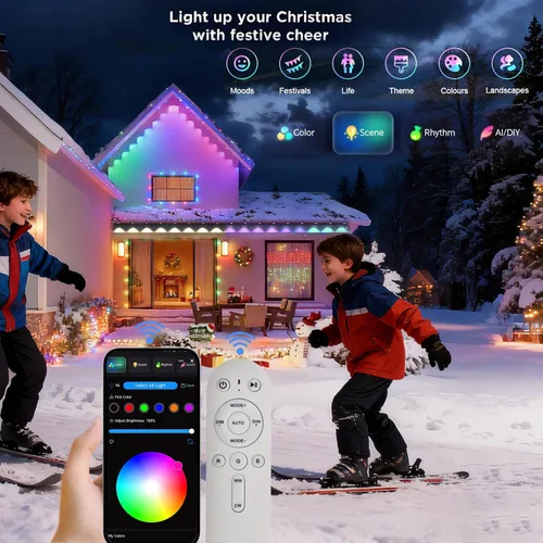 Vista 7 de Rosykite Luces de Navidad al Aire Libre - 50 pies de luces inteligentes RGB+IC para canalones con 63 escenas, impermeables IP67, control de voz