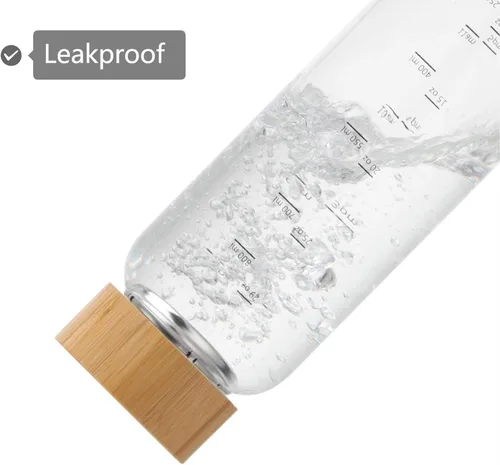 Vista 5 de sunkey Botella de agua de vidrio de 32 onzas de boca ancha con funda de bambú, botella de agua motivacional con marcador de tiempo, reutilizable