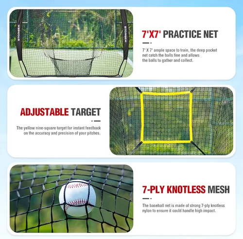 Vista 3 de Storgem Red de práctica de béisbol y softbol de 77 pies – Soporte portátil para bateo, lanzamiento, entrenamiento de bateo con camiseta, organizador