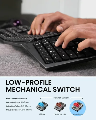 Vista 2 de Perixx PERIBOARD-735BL - Teclado mecánico ergonómico inalámbrico, interruptores azules de perfil bajo, conexión multidispositivo, compatible